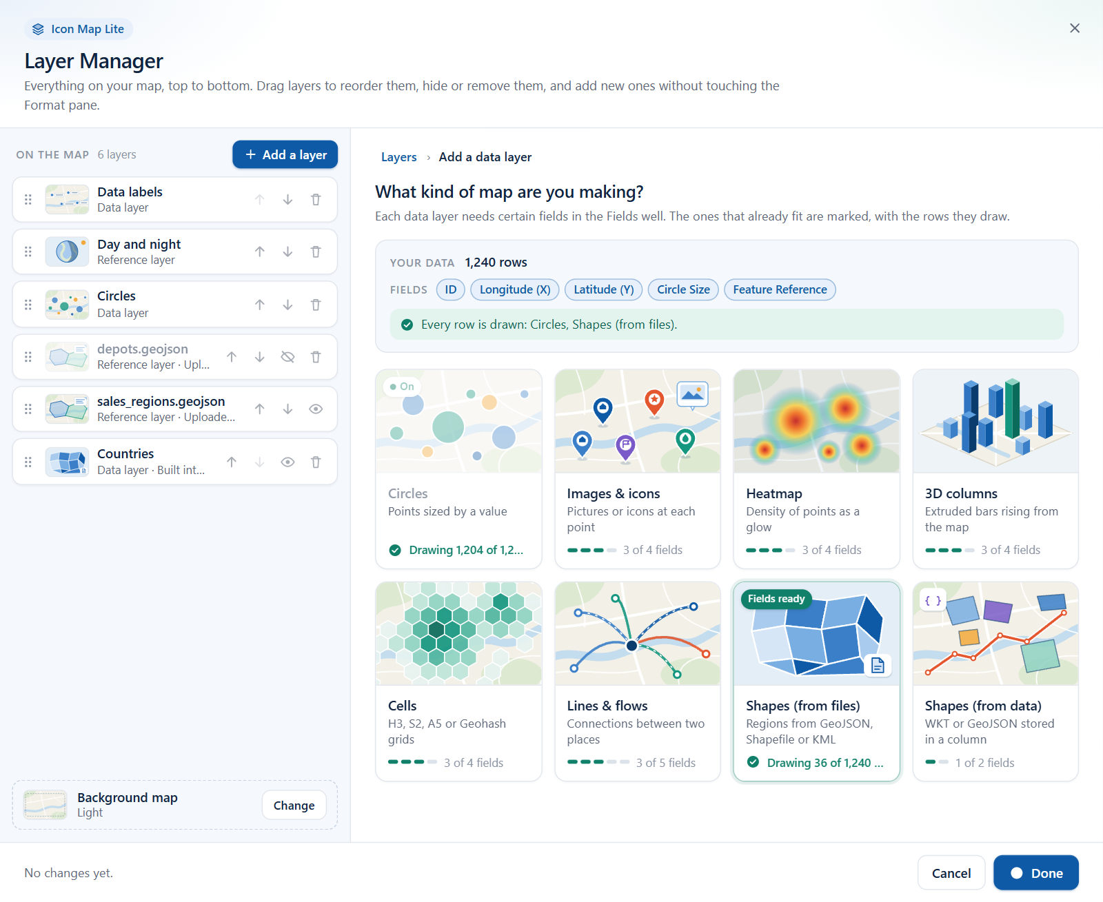 The data layer picker in the Layer Manager, with the Your data panel above a tile for each data layer type