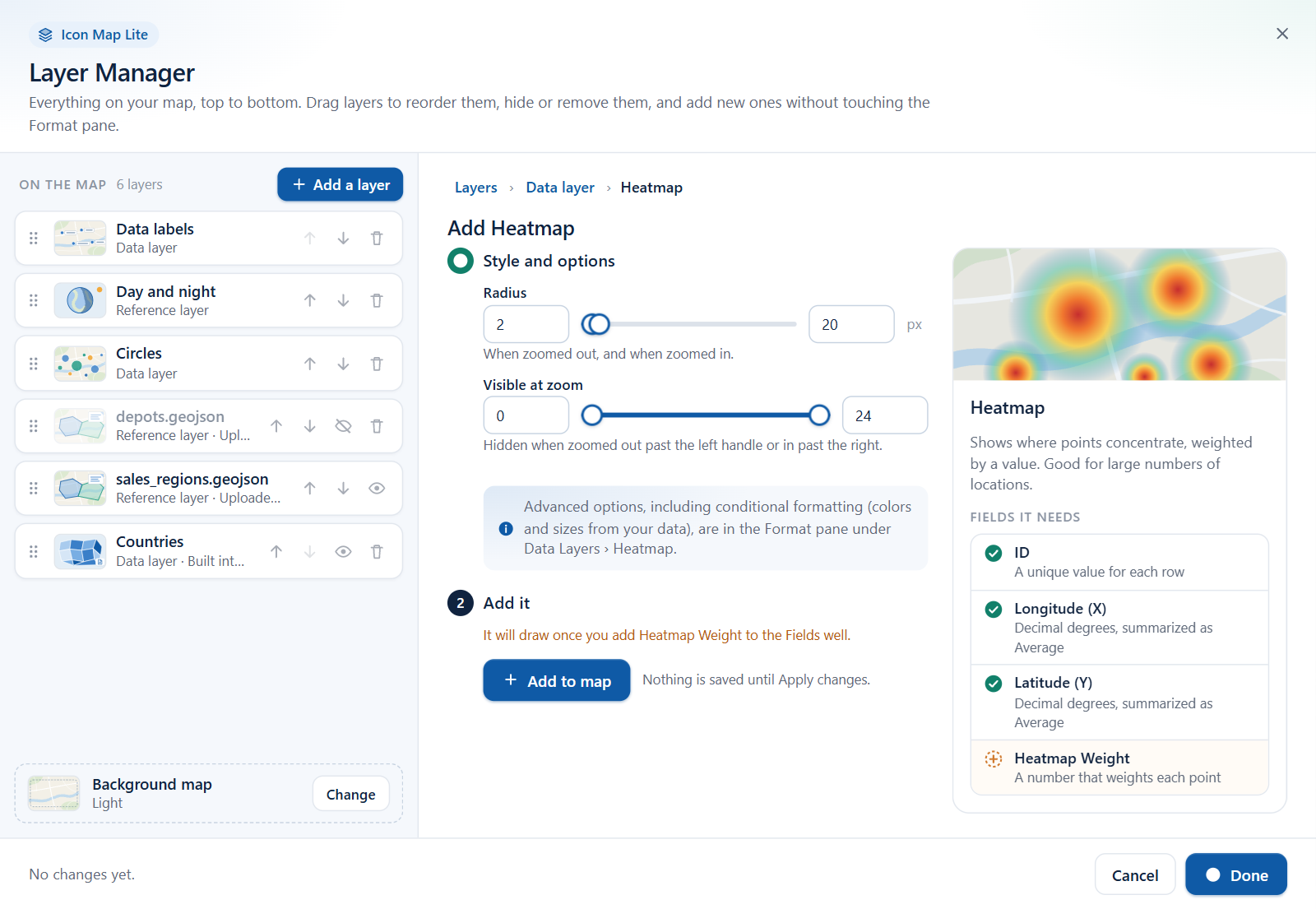 The Heatmap wizard with the Style and options step, the Add it step and the Fields it needs panel