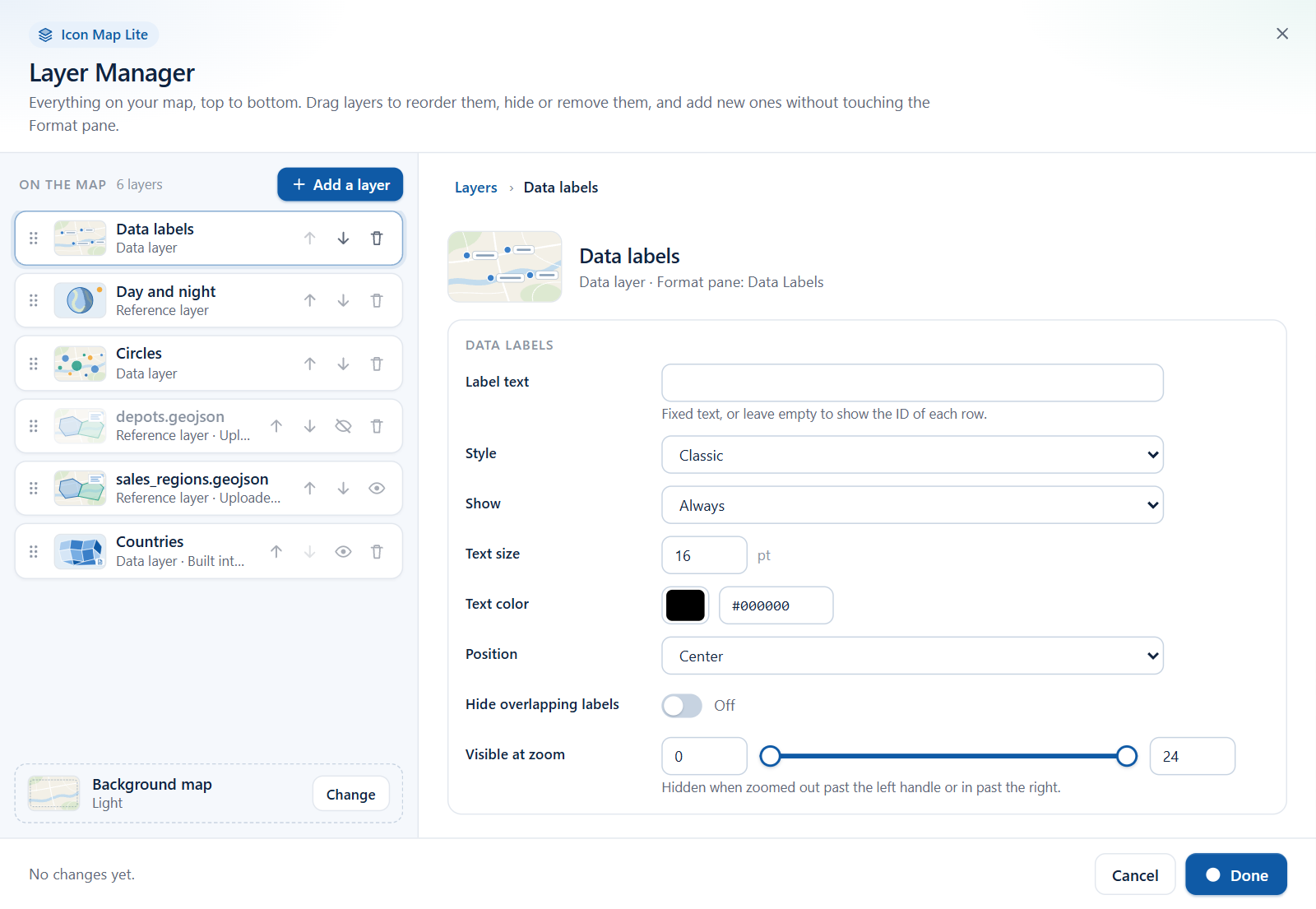 The editor for data labels, with label text, style, when to show, size, color, position and zoom fields