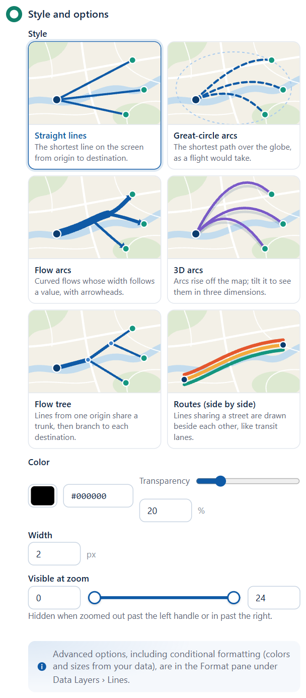 The Style picker for Lines and flows, with a tile for each of the six line styles