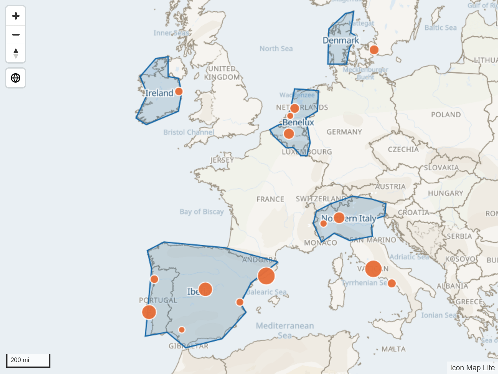 Sales territories from an uploaded GeoJSON file drawn as outlined polygons with labels, under circles from the report's data