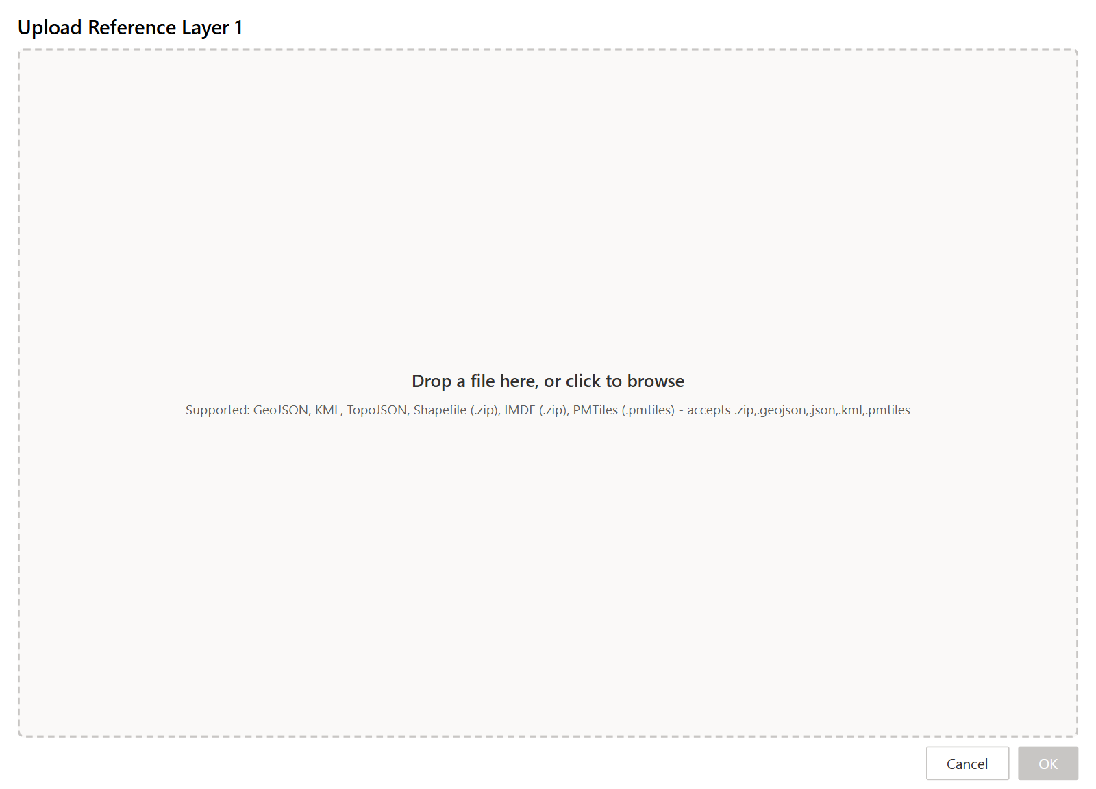 The upload window for a reference layer, with its drop area and the list of supported file types
