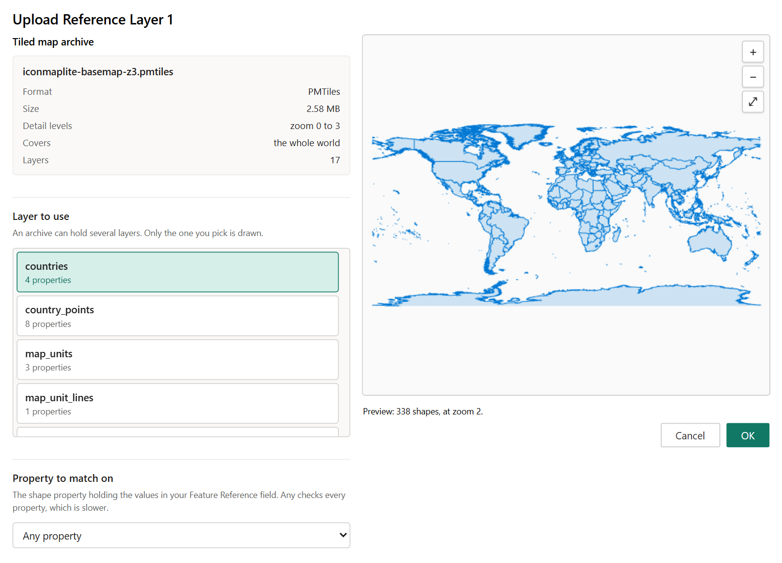 The upload window showing the details of a PMTiles archive and the Layer to use list