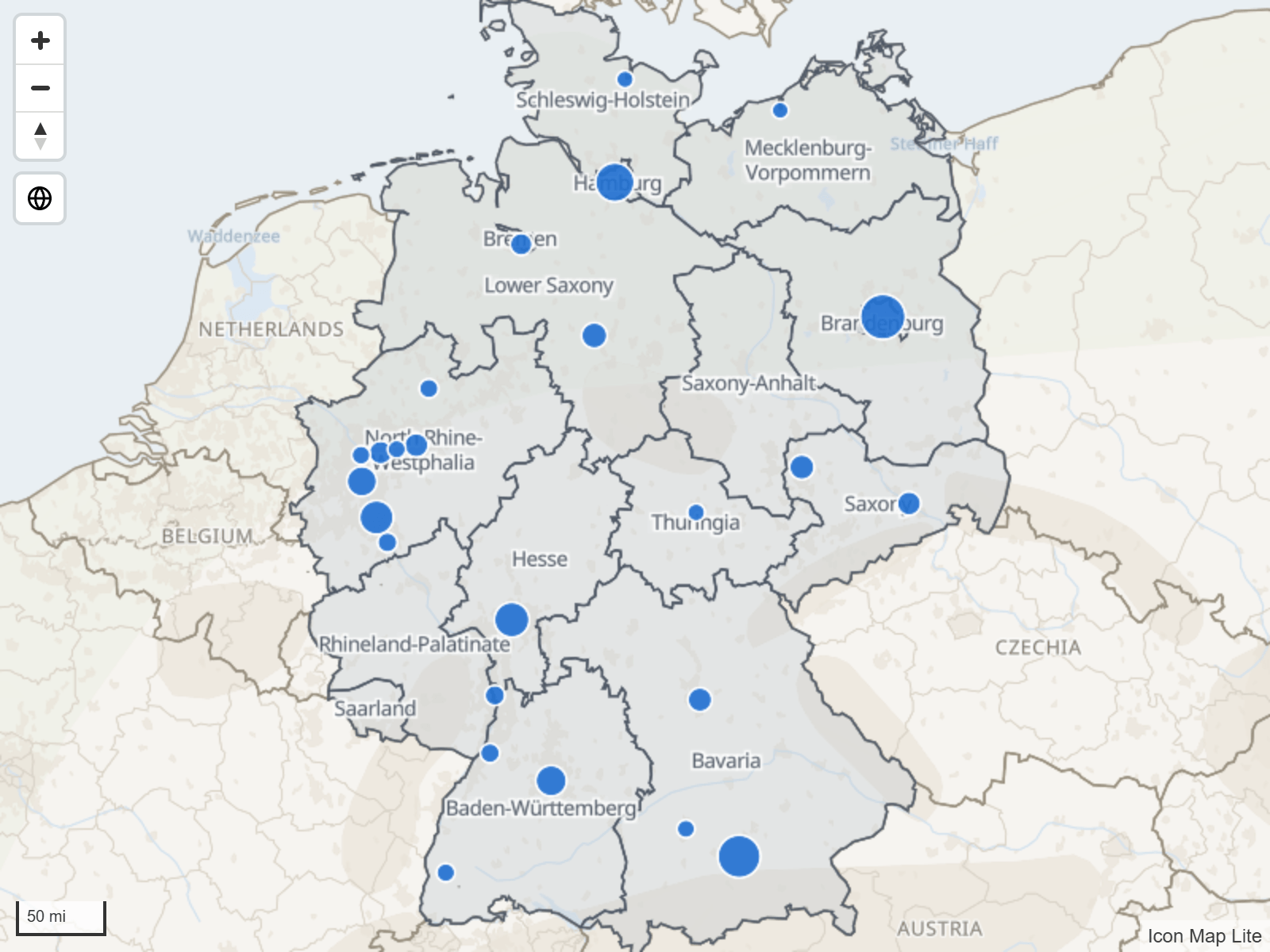 Region boundaries from an uploaded file, labeled with their names, drawn under circles from the report's data