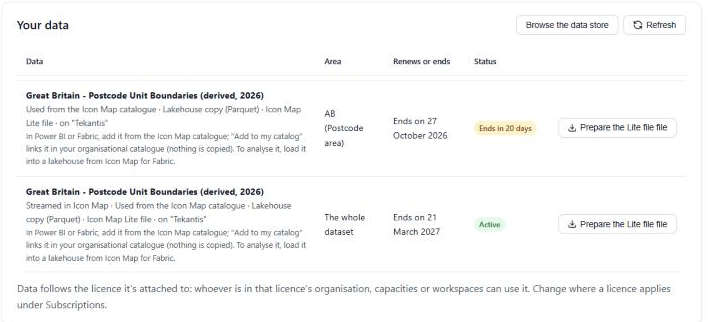 My data: the Your data table with the area, when each license ends, its status and Prepare the Lite file