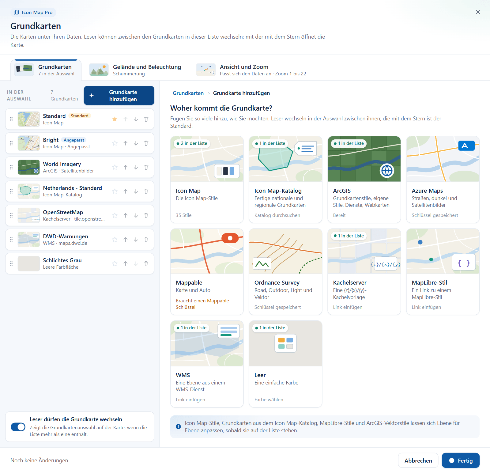 Der Bildschirm zum Hinzufügen mit zehn Anbieterkacheln: Icon Map, Icon Map-Katalog, ArcGIS, Azure Maps, Mappable, Ordnance Survey, Kachelserver, MapLibre-Stil, WMS und Leer