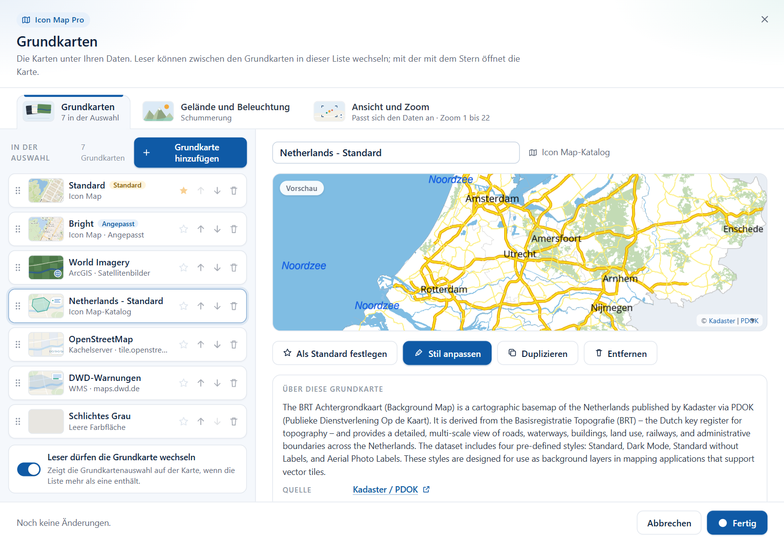 Die Bearbeitungsansicht einer Grundkarte aus dem Icon Map-Katalog: Name, Live-Vorschau, Aktionsschaltflächen und der Abschnitt Über diese Grundkarte