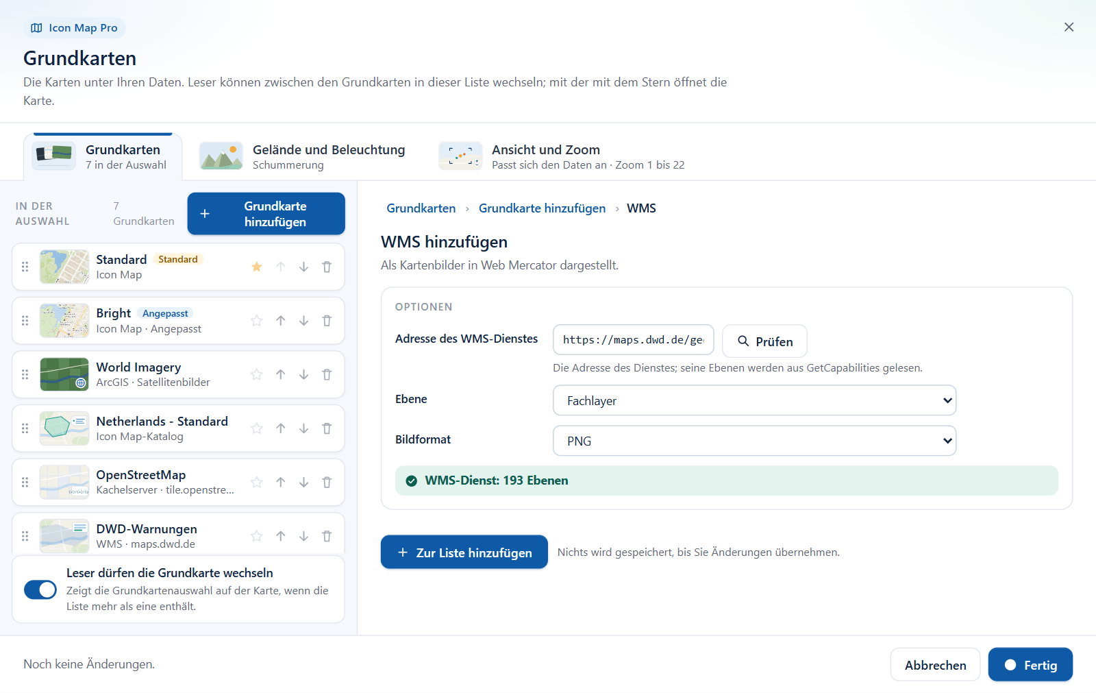 Das WMS-Formular nach dem Prüfen mit der Anzahl der gefundenen Ebenen und der Dropdownliste Ebene