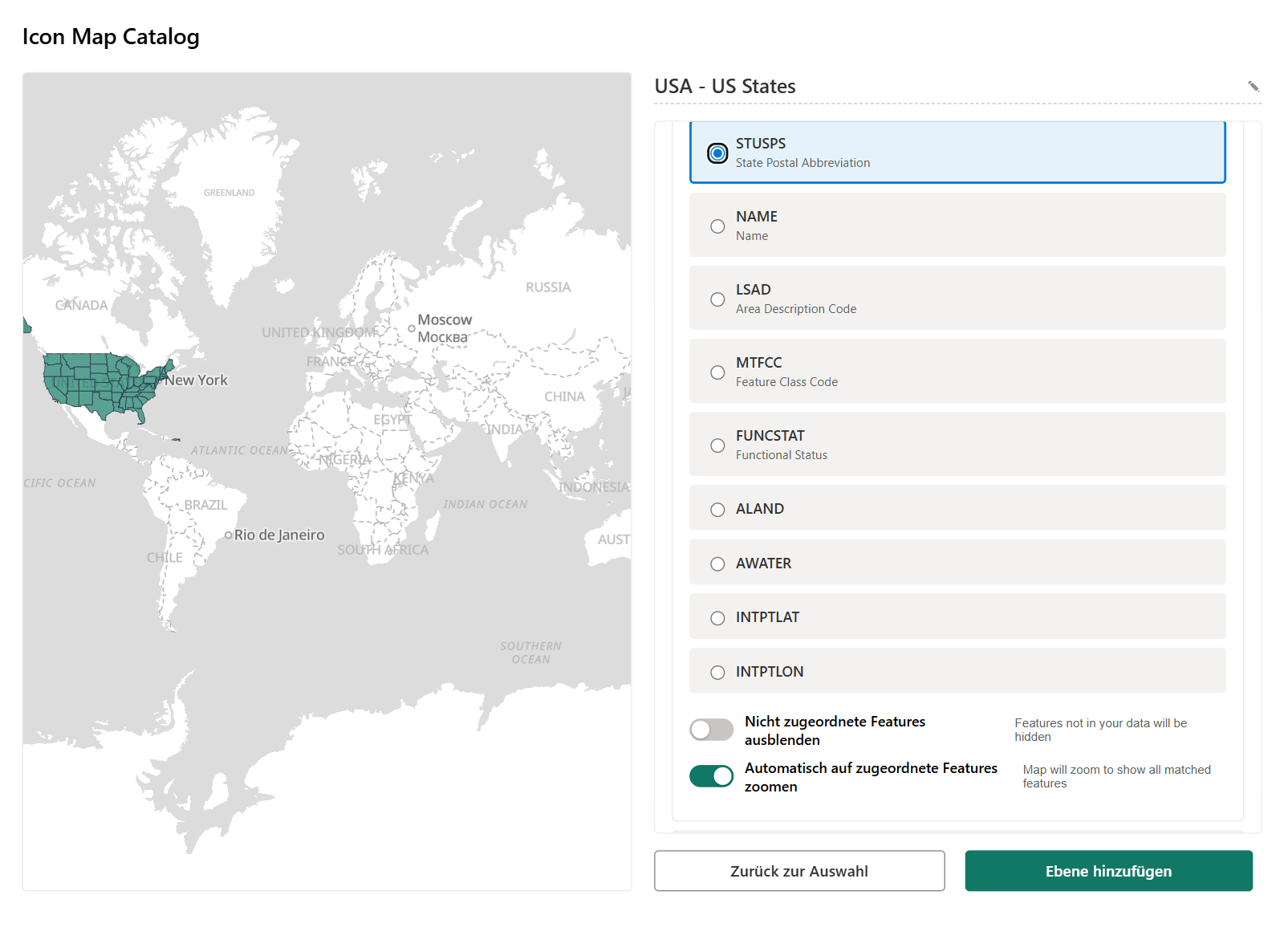 Das Katalogfenster mit der Ebene US States, geöffnet bei ihren Optionen zur Datenbindung: Das Feld mit dem Bundesstaatcode ist gewählt, darunter Nicht zugeordnete Features ausblenden und Automatisch auf zugeordnete Features zoomen