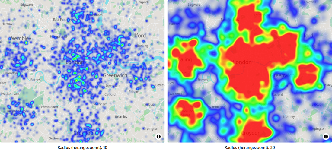 Dieselbe Heatmap mit kleinem und mit großem Radius