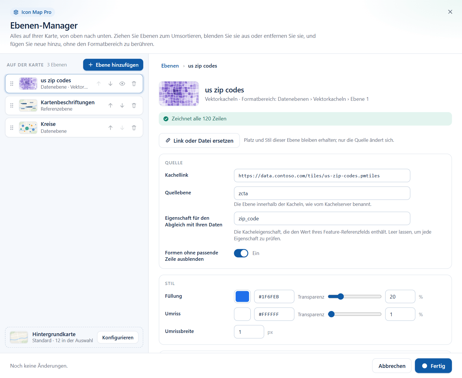Der Editor für Vektorkacheln im Ebenen-Manager, mit Kachellink, Quellebene und Eigenschaft für den Abgleich