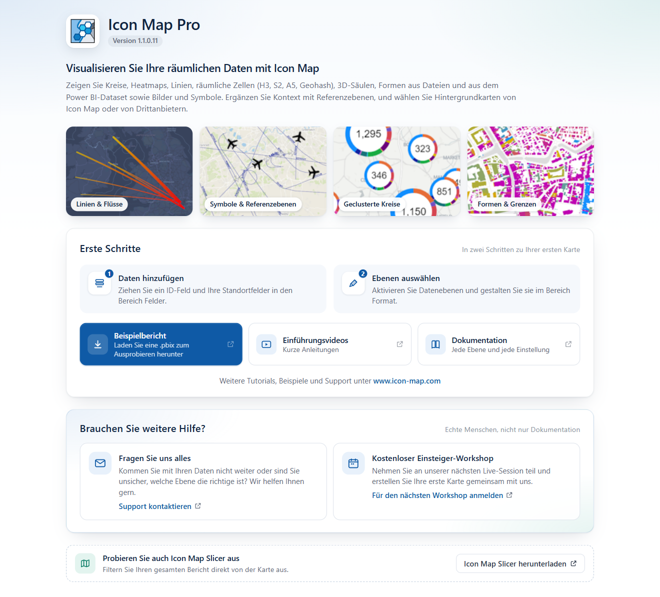 Die Startseite von Icon Map Pro in einem leeren Visual, mit Beispielkarten und einem Bereich Erste Schritte