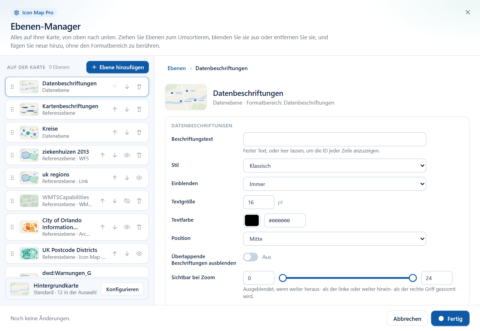 Der Ebenen-Manager mit ausgewählter Zeile Datenbeschriftungen und dem geöffneten Editor rechts