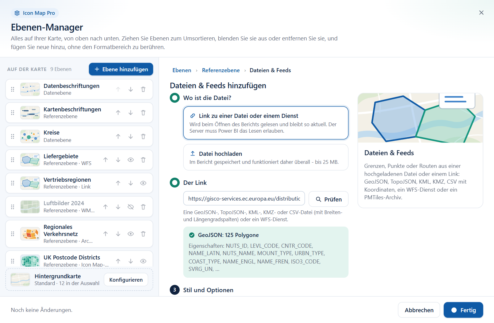 Ein Schritt des Assistenten mit dem Ergebnis einer Linkprüfung: das Format, die Anzahl der Features und ihre Eigenschaften