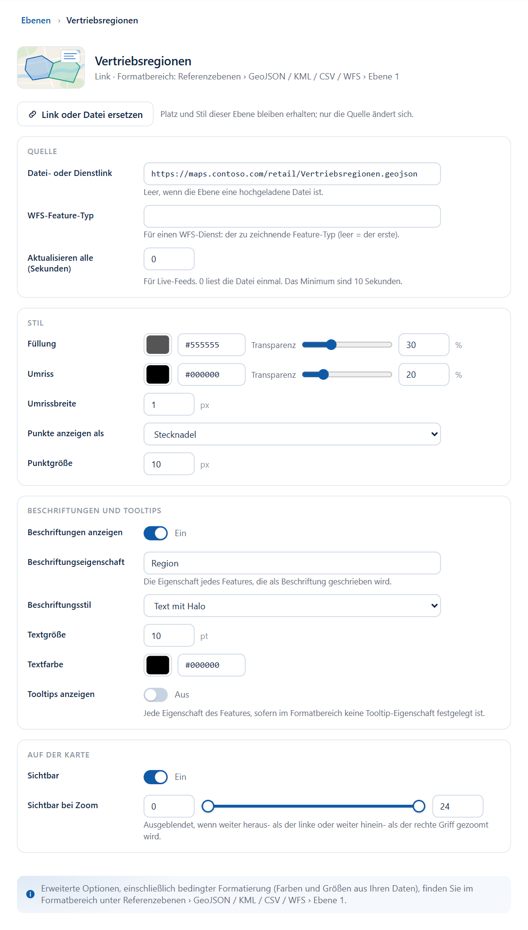 Der Editor für eine Ebene Dateien und Feeds, mit der Schaltfläche Link oder Datei ersetzen über den Abschnitten Quelle, Stil, Beschriftungen und Tooltips sowie Auf der Karte