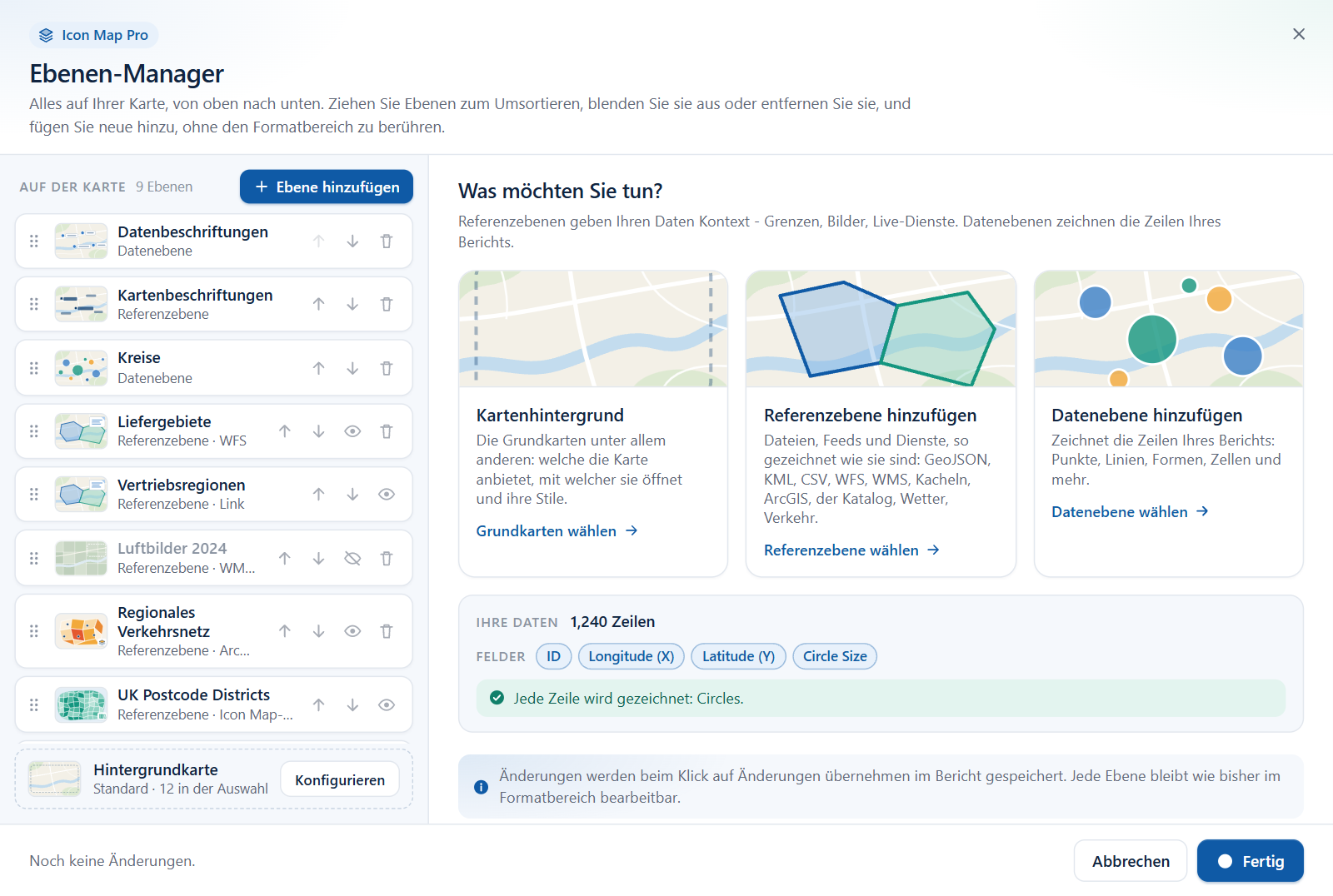 Der Bereich Ihre Daten in der Startansicht des Ebenen-Managers mit der Zeilenanzahl, den Feldern im Visual und der Statuszeile
