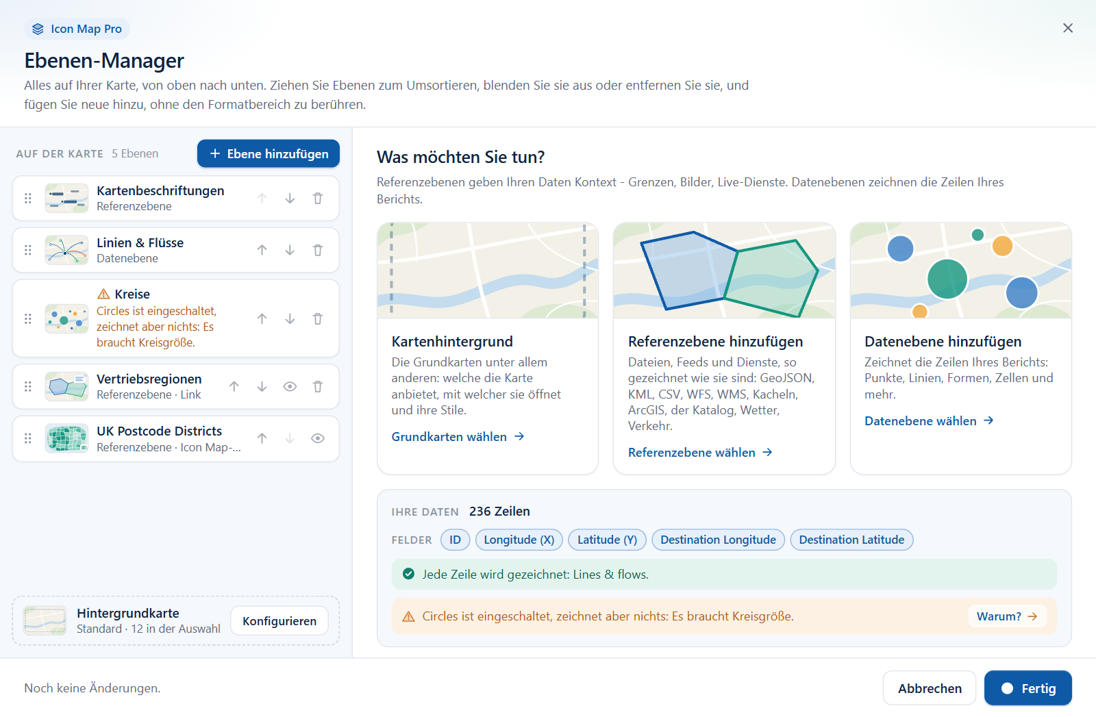 Die Liste des Ebenen-Managers mit einem Warnsymbol an einer Datenebene, die eingeschaltet ist, aber nichts zeichnet, und der zugehörigen Zeile im Bereich Ihre Daten