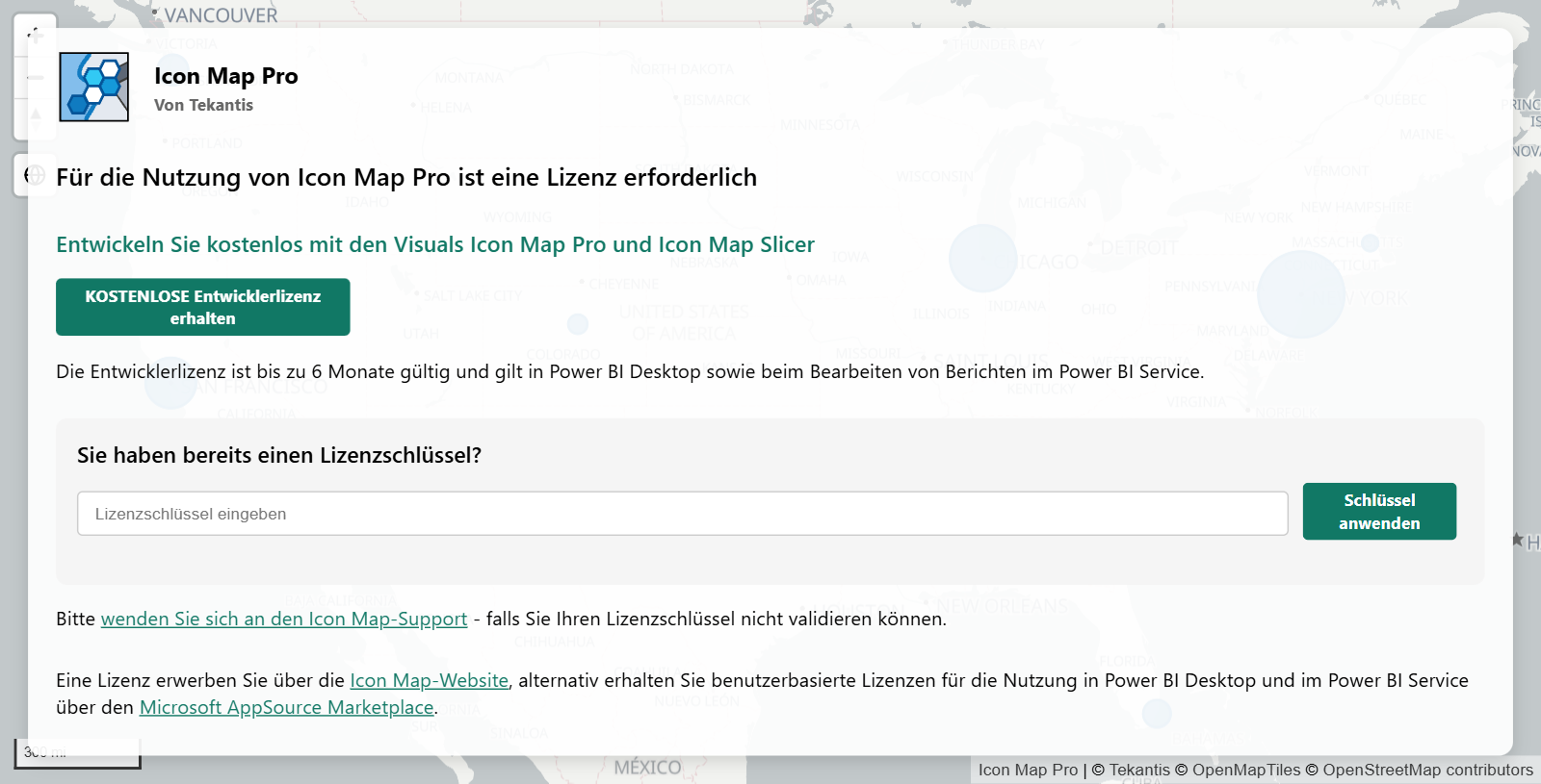 Die Lizenzmeldung auf einer nicht lizenzierten Karte beim Bearbeiten, mit der Schaltfläche KOSTENLOSE Entwicklerlizenz erhalten und dem Feld für einen vorhandenen Lizenzschlüssel