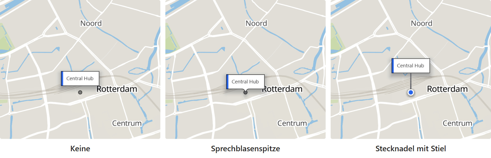 Drei Beschriftungskarten an Punkt-Features: eine ohne Zeiger, eine mit Sprechblasenspitze und eine auf einer Stecknadel mit Stiel