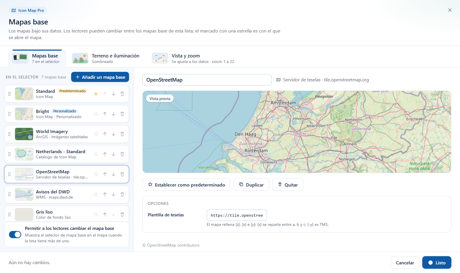El cuadro de diálogo Mapas base: la lista de mapas base a la izquierda, la vista previa y las opciones del mapa base seleccionado a la derecha