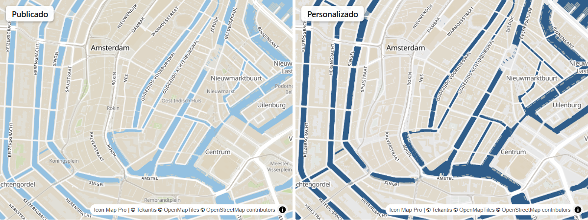 El estilo Standard antes y después de personalizarlo: tierra atenuada, agua más oscura y sin puntos de interés