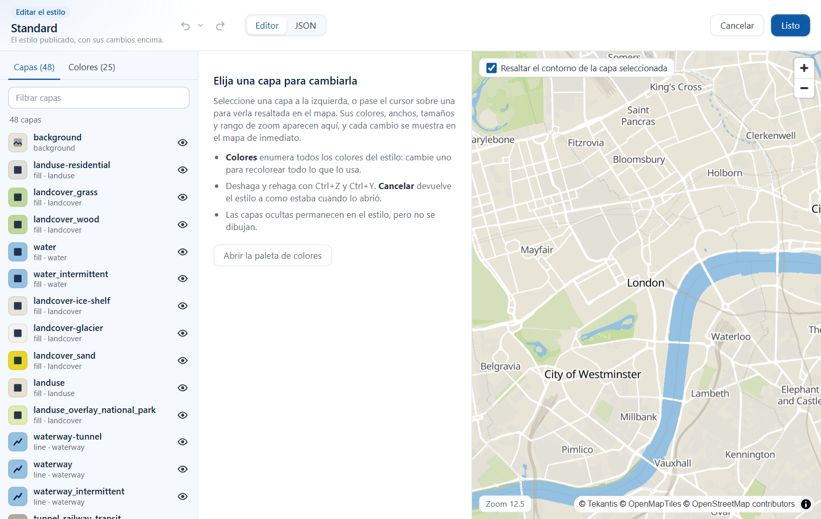 El editor de estilos: la lista de capas a la izquierda, las propiedades de la capa seleccionada en el centro y un mapa de vista previa en directo a la derecha