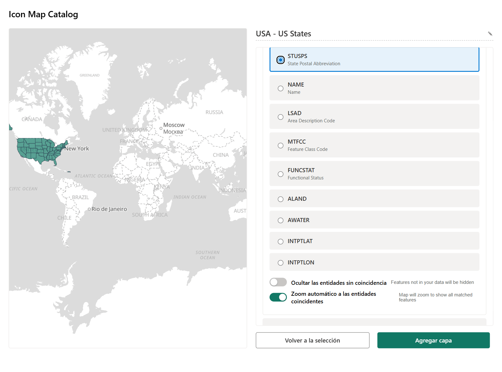 La ventana del catálogo con la capa US States abierta en sus opciones de Enlace de datos: está elegido el campo del código de estado, y debajo aparecen Ocultar las entidades sin coincidencia y Zoom automático a las entidades coincidentes