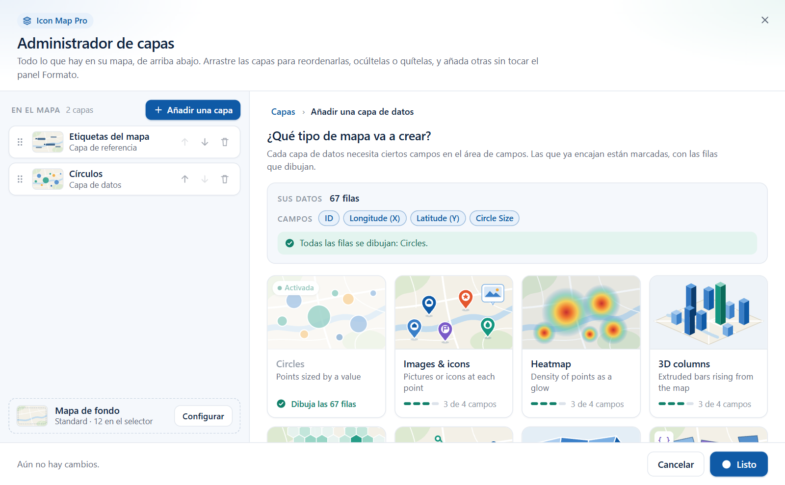 El selector de capas de datos del Administrador de capas, con un mosaico para cada tipo de capa