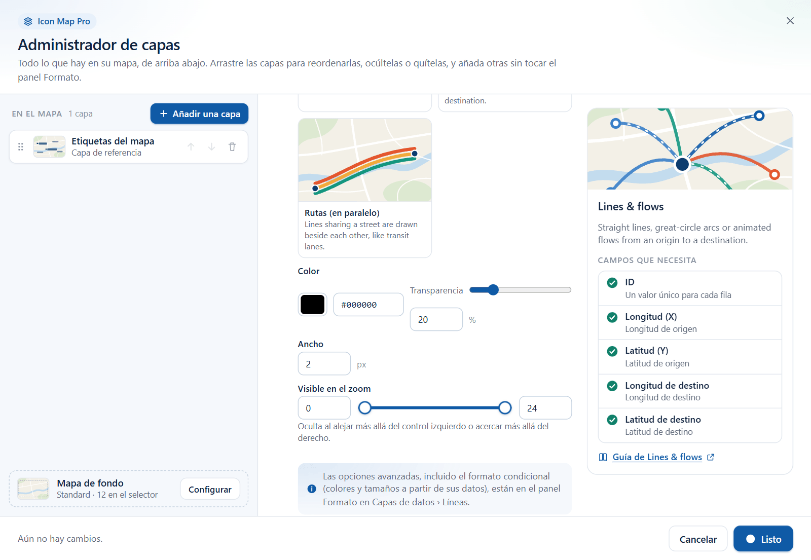 El asistente para añadir Líneas y flujos del Administrador de capas, con las opciones Color, Ancho y Visible en el zoom y la lista de campos que necesita la capa