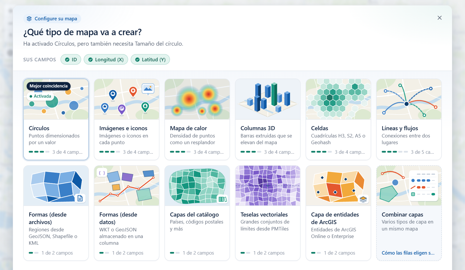 La guía de capas sobre el mapa, titulada ¿Qué tipo de mapa va a crear?, con un mosaico para cada tipo de capa