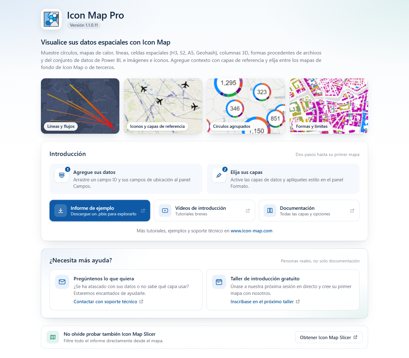 La página de inicio de Icon Map Pro en un objeto visual vacío, con mapas de ejemplo y un panel Introducción