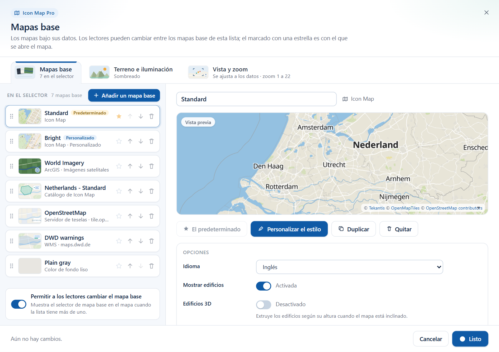 El cuadro de diálogo Mapas base con una lista de mapas base a la izquierda y una vista previa a la derecha