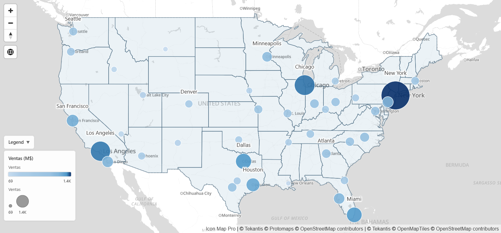 Un mapa de Icon Map Pro en un informe de Power BI con círculos con el tamaño según las ventas, una capa de límites y una leyenda