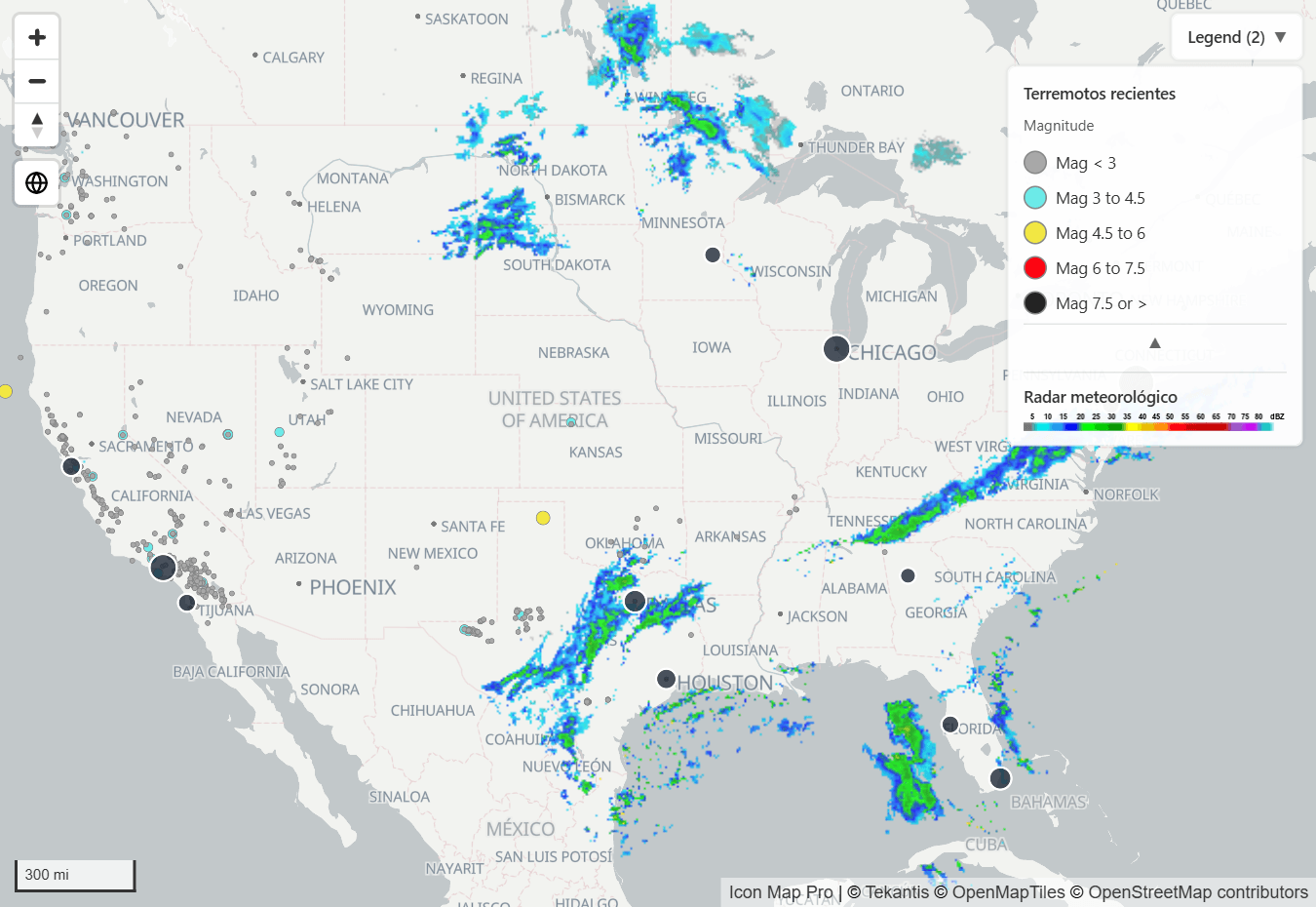 Un mapa con una capa WMS y una capa de ArcGIS, y una leyenda que muestra la imagen de leyenda de la capa WMS y los símbolos de la capa de ArcGIS