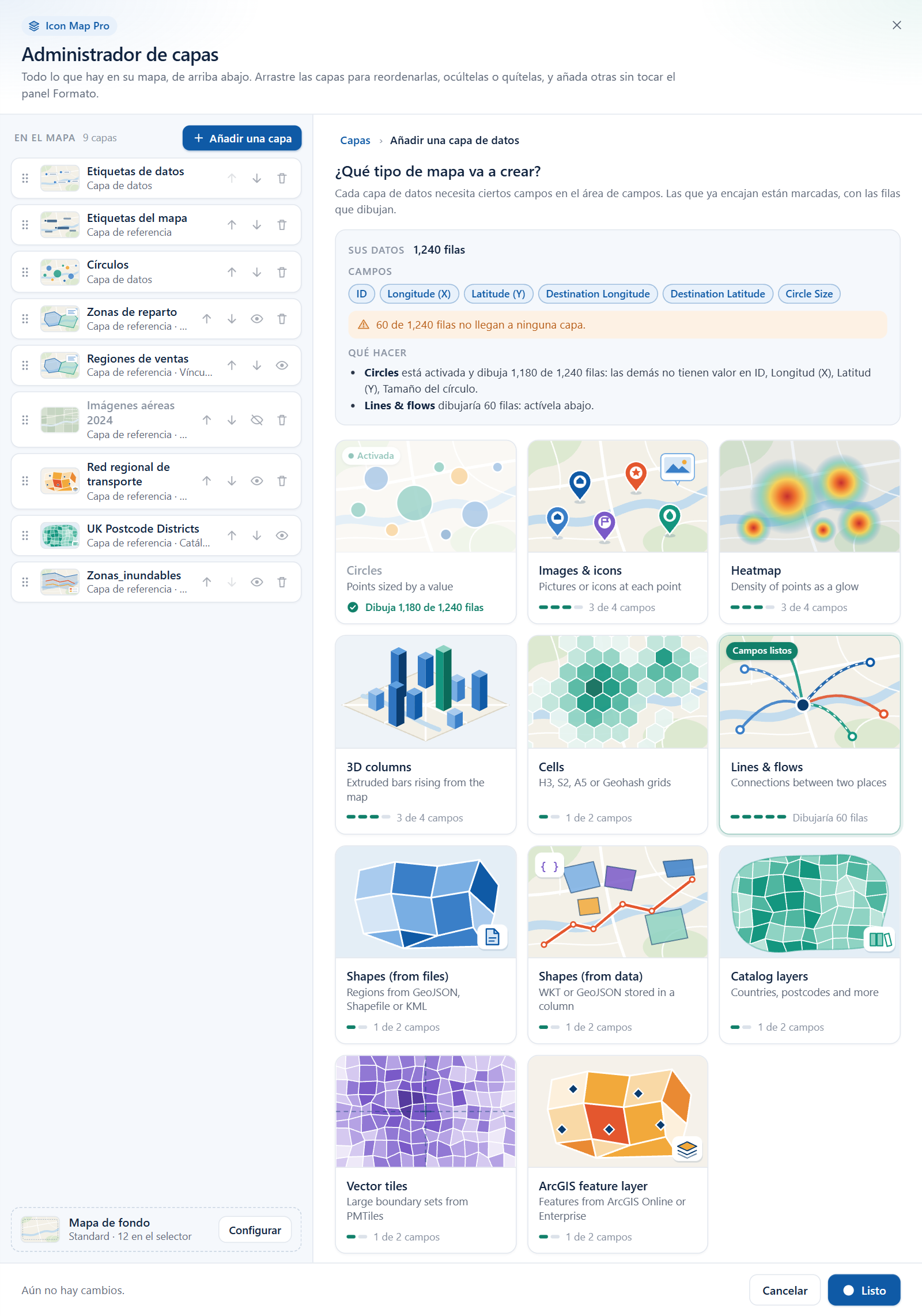 El selector de capas de datos, con el panel Sus datos encima de los mosaicos y distintivos que muestran qué tipos de capa encajan con los campos