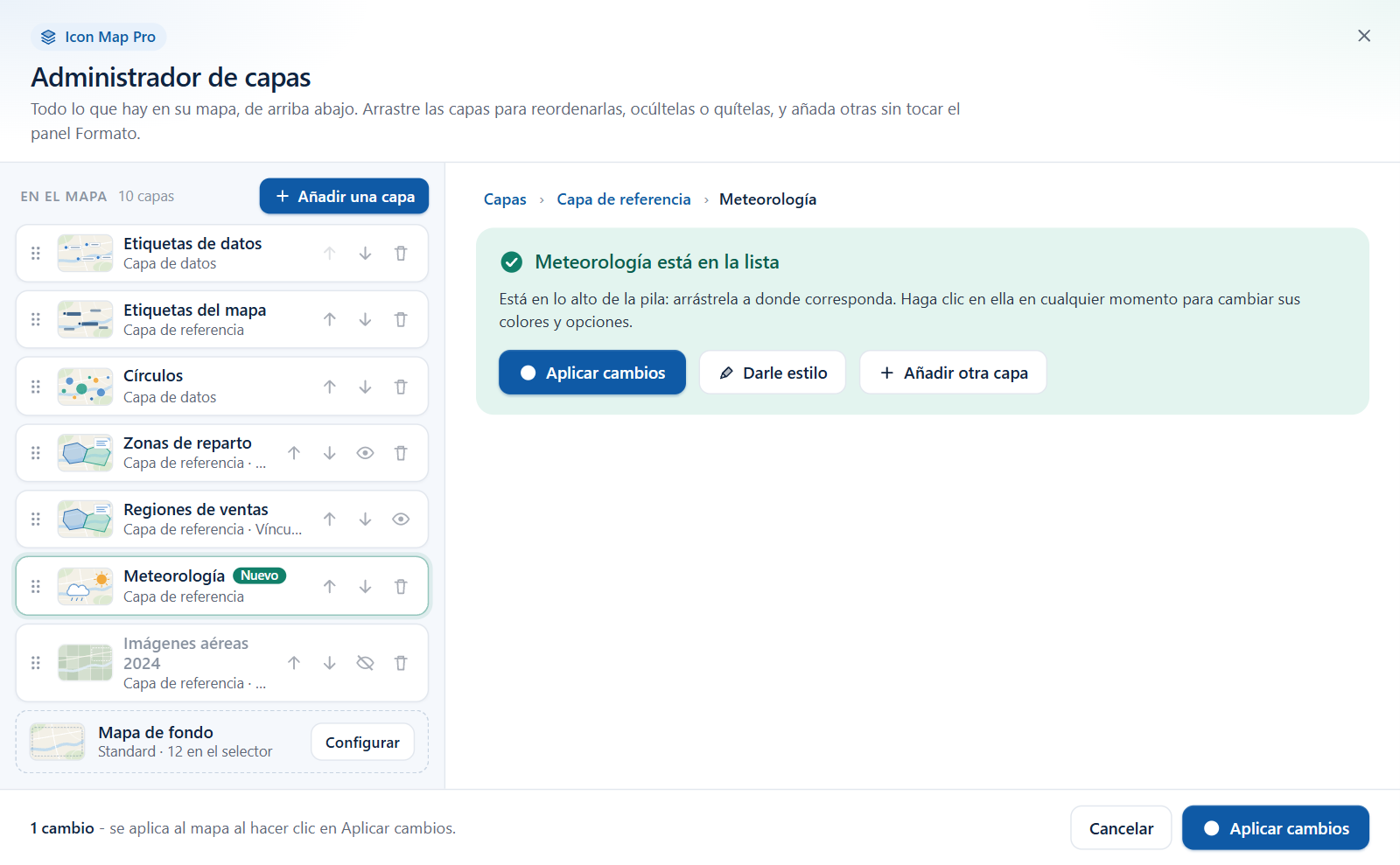 La confirmación después de añadir una capa, con los botones Aplicar cambios, Darle estilo y Añadir otra capa