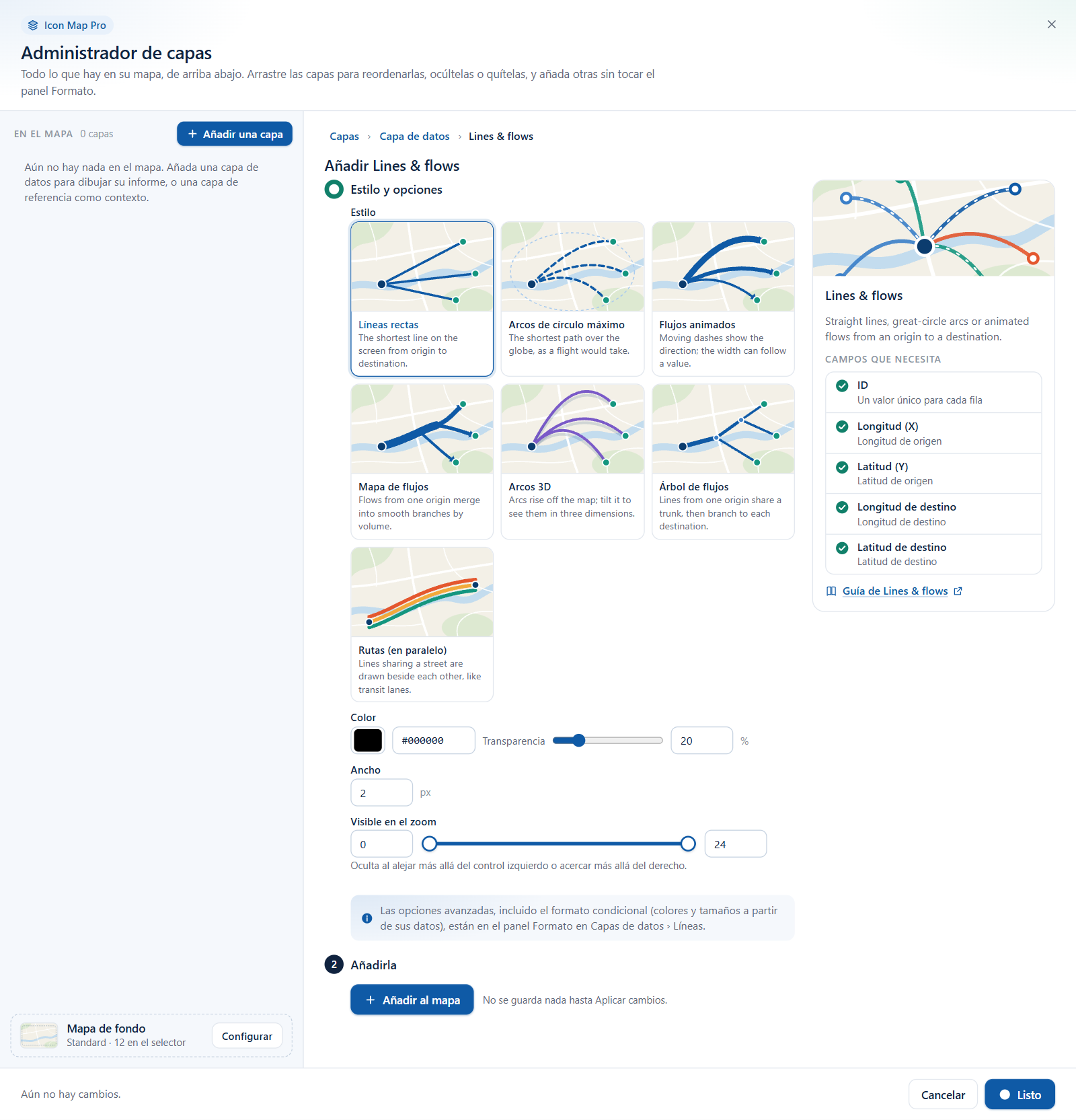 El asistente de Líneas y flujos con el selector Estilo, que muestra un mosaico para cada estilo de línea
