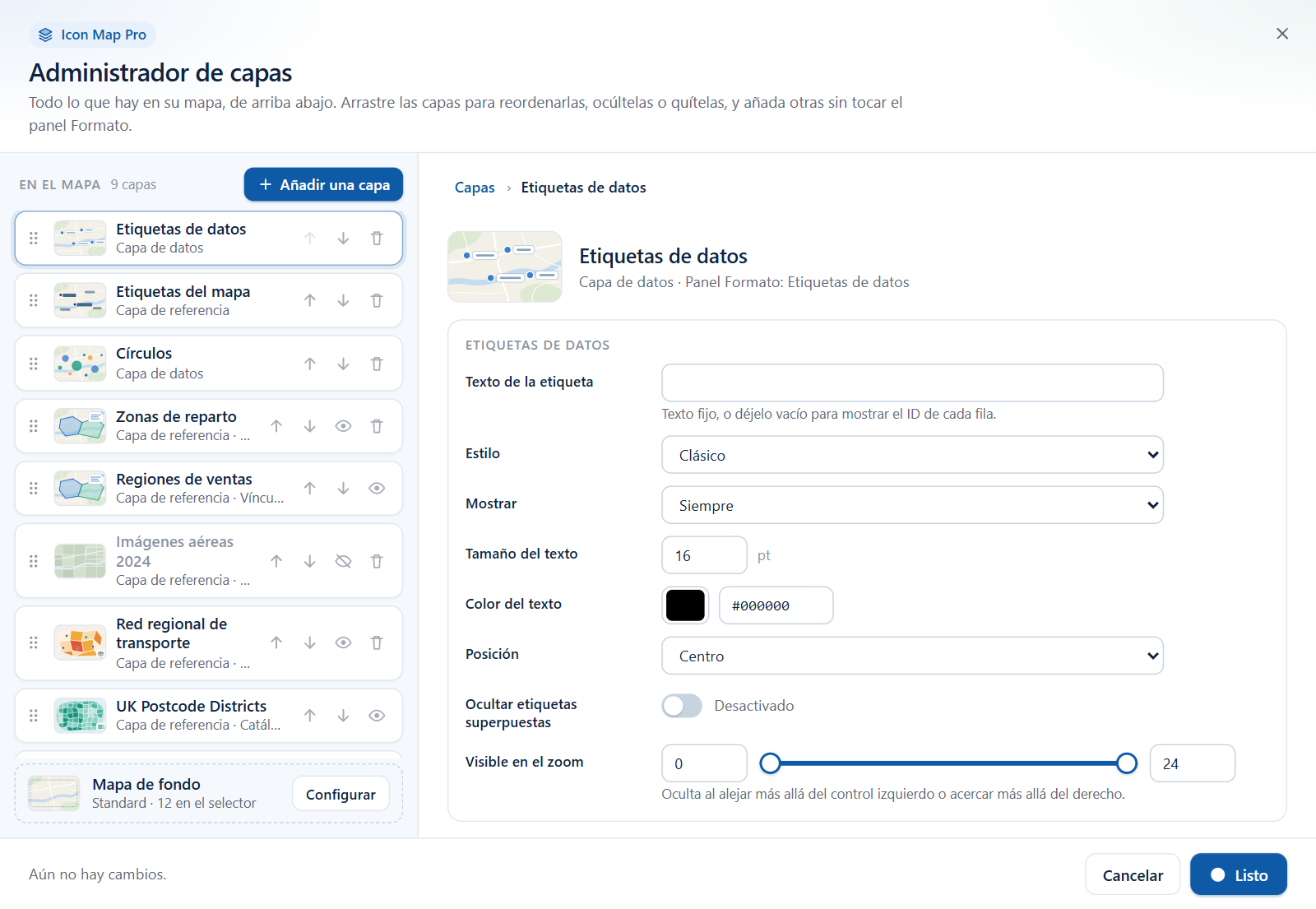 El editor de las etiquetas de datos, con campos de texto de la etiqueta, estilo, cuándo mostrar, tamaño, color, posición y zoom