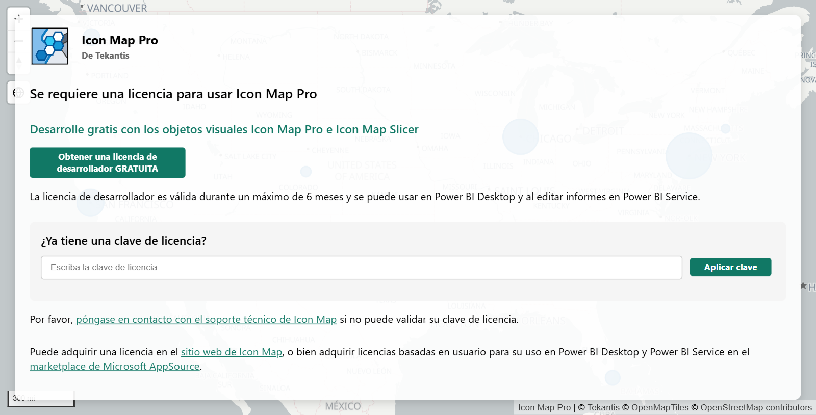 El mensaje de licencia en un mapa sin licencia durante la edición, con el botón Obtener una licencia de desarrollador GRATUITA y el cuadro para una clave de licencia existente