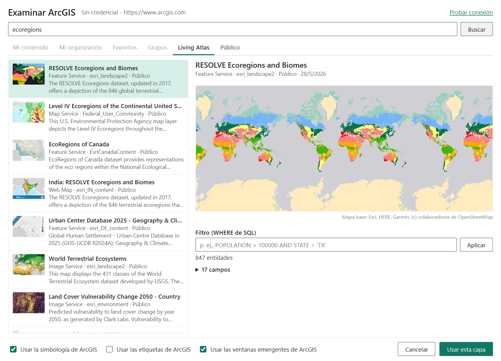La ventana Examinar ArcGIS con las pestañas, una lista de resultados a la izquierda y una vista previa de la capa de entidades seleccionada a la derecha