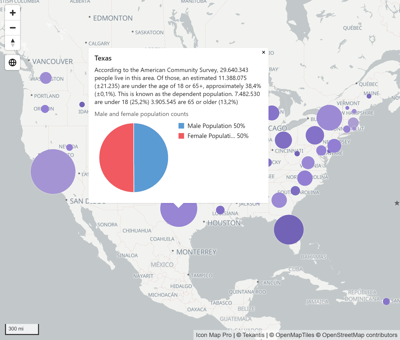 Una ventana emergente de ArcGIS abierta en el mapa en una entidad en la que se hizo clic, con su título, texto y un gráfico circular