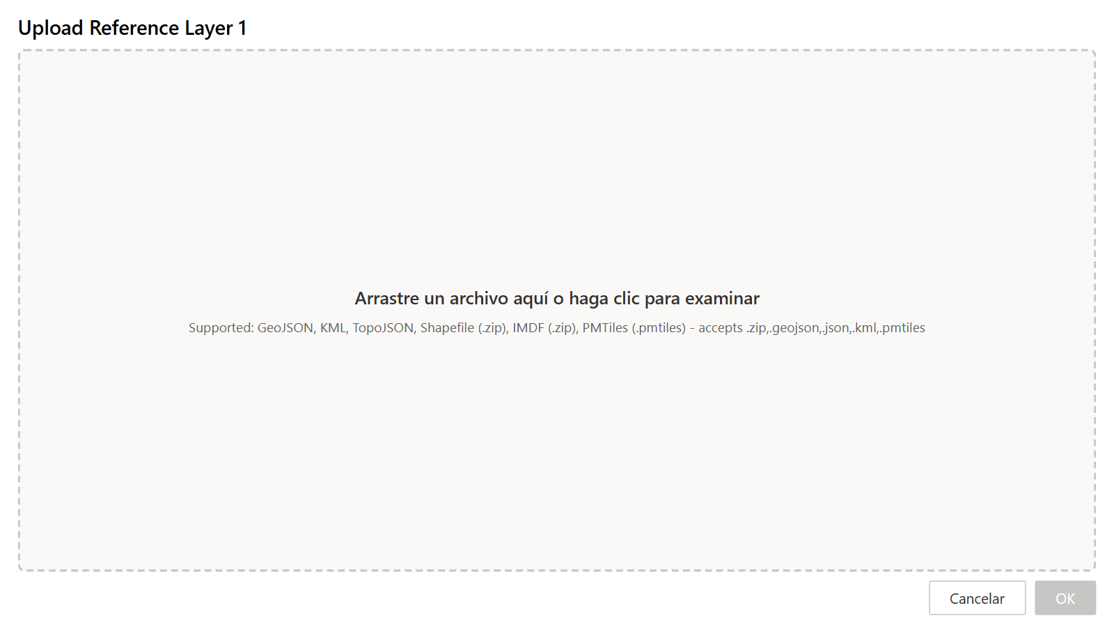 La ventana de carga de archivos con una zona para soltar y la lista de tipos de archivo admitidos