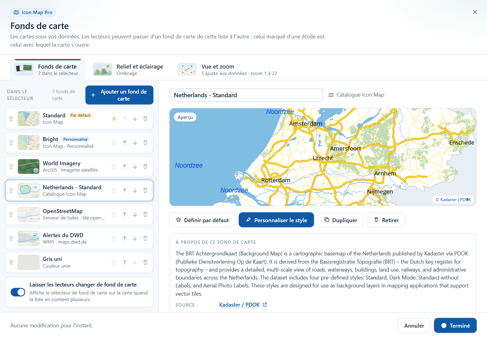 La vue de modification d'un fond de carte du Catalogue Icon Map : nom, aperçu en direct, boutons d'action et section À propos de ce fond de carte
