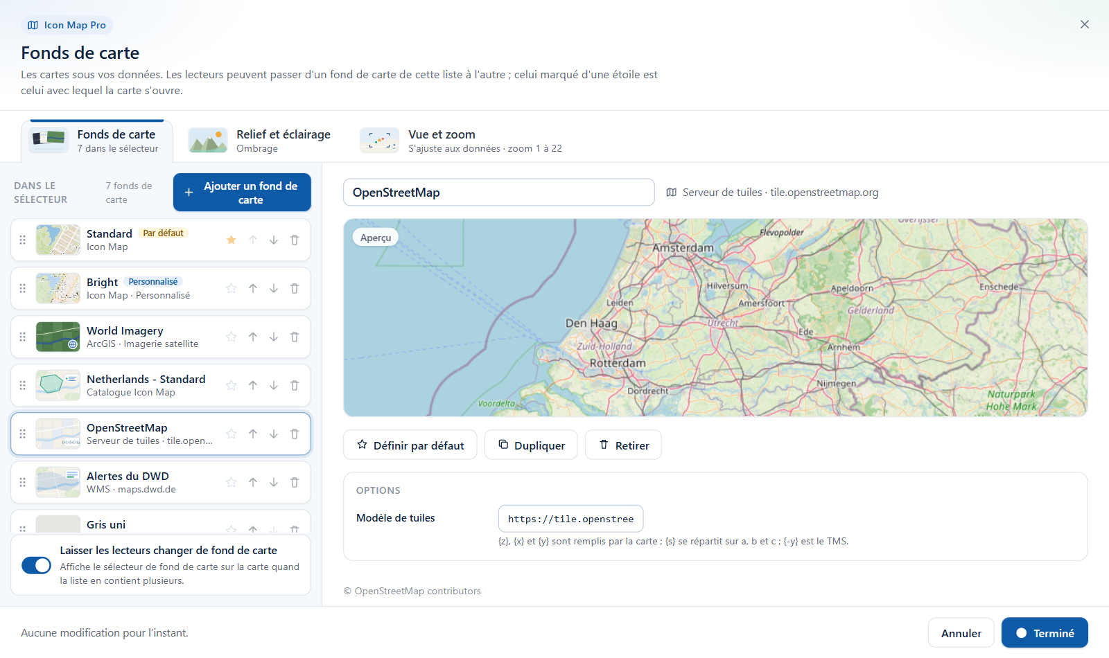 La boîte de dialogue Fonds de carte : la liste des fonds de carte à gauche, l'aperçu et les options du fond de carte sélectionné à droite