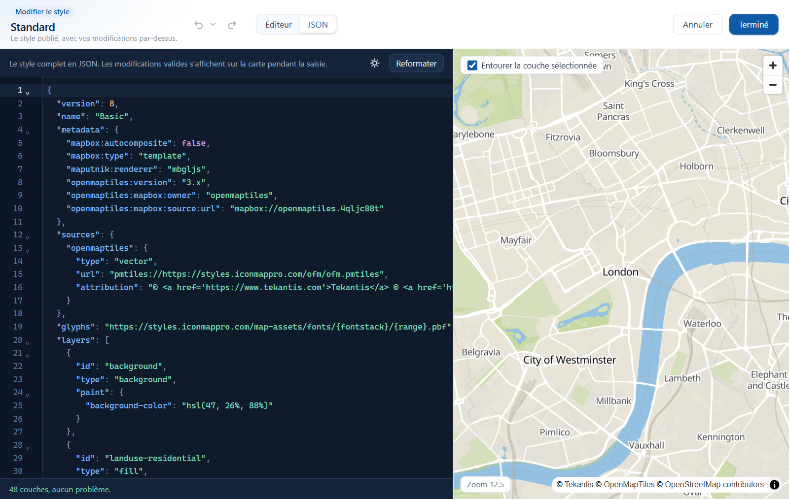 La vue JSON d'un style avec les numéros de ligne et l'aperçu en direct à côté