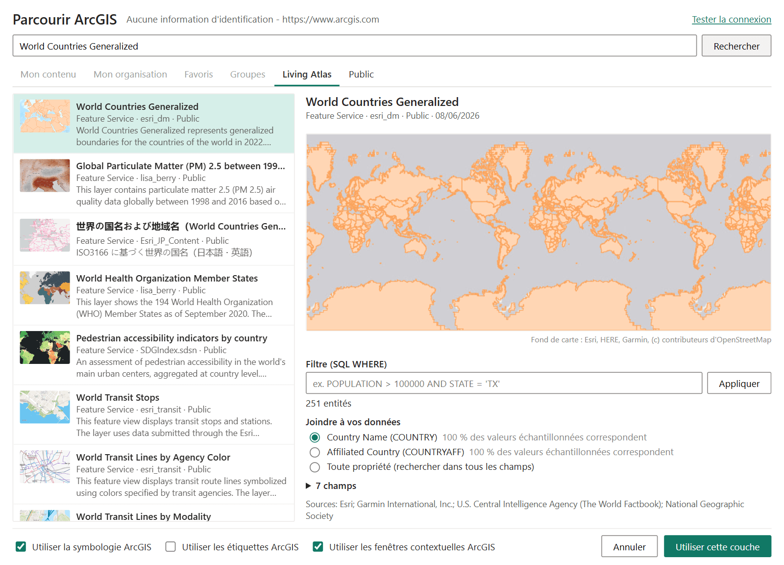 Parcourir ArcGIS avec l'aperçu d'une couche d'entités et la liste Joindre à vos données qui affiche les pourcentages de correspondance de chaque champ