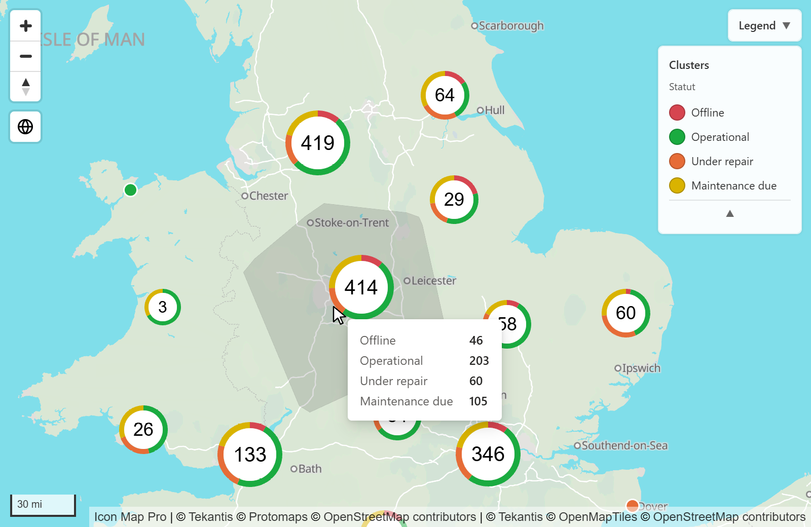 Un cluster avec son info-bulle et la zone ombrée que couvrent ses points