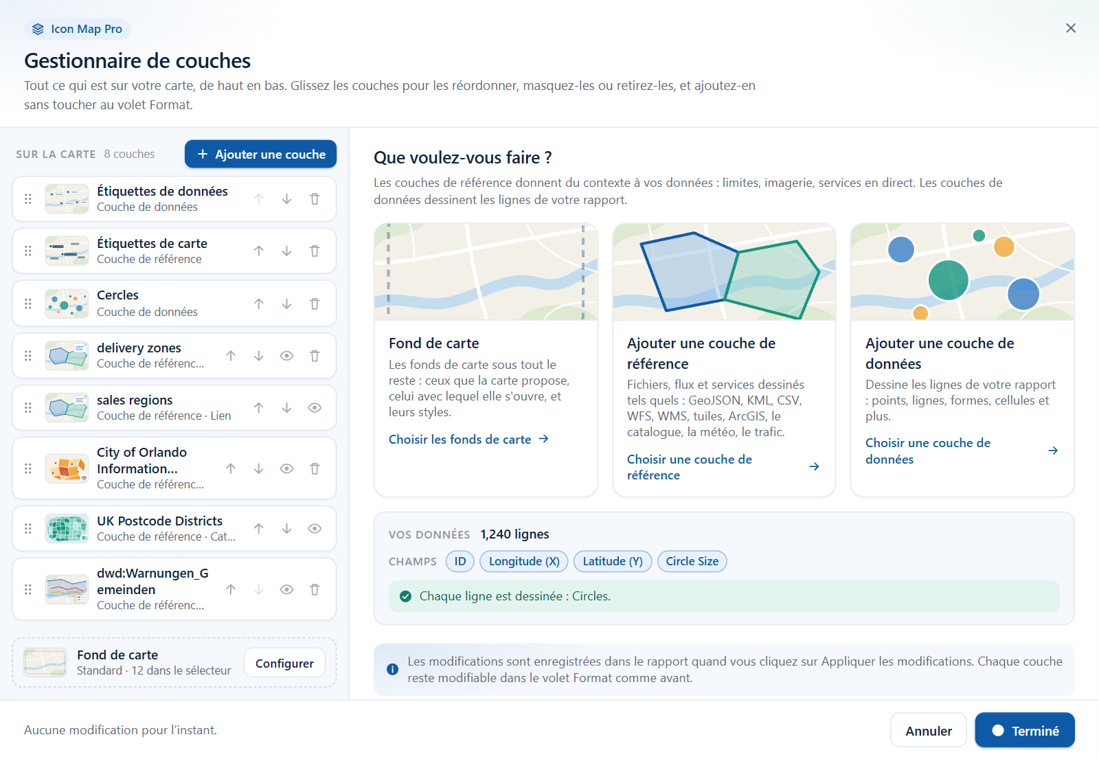 La boîte de dialogue Gestionnaire de couches listant les couches d'une carte, avec la vue d'accueil qui propose d'ajouter une couche de référence ou une couche de données