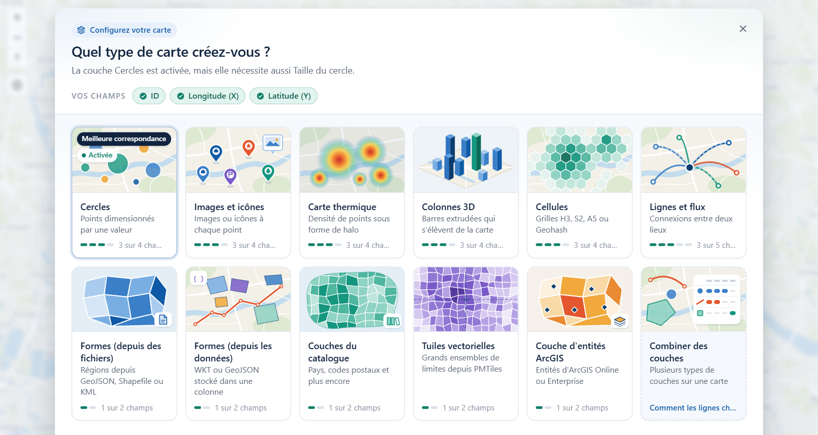 Le guide Quel type de carte créez-vous sur la carte, avec une vignette pour chaque type de couche et les champs déjà présents dans le visuel
