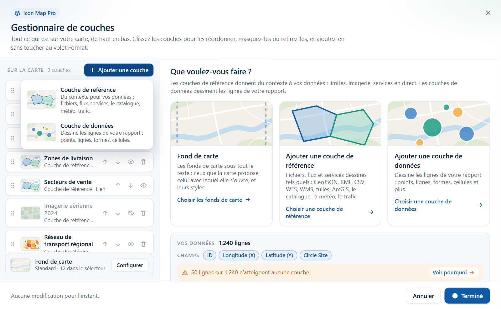 Le menu Ajouter une couche ouvert, montrant Couche de référence et Couche de données